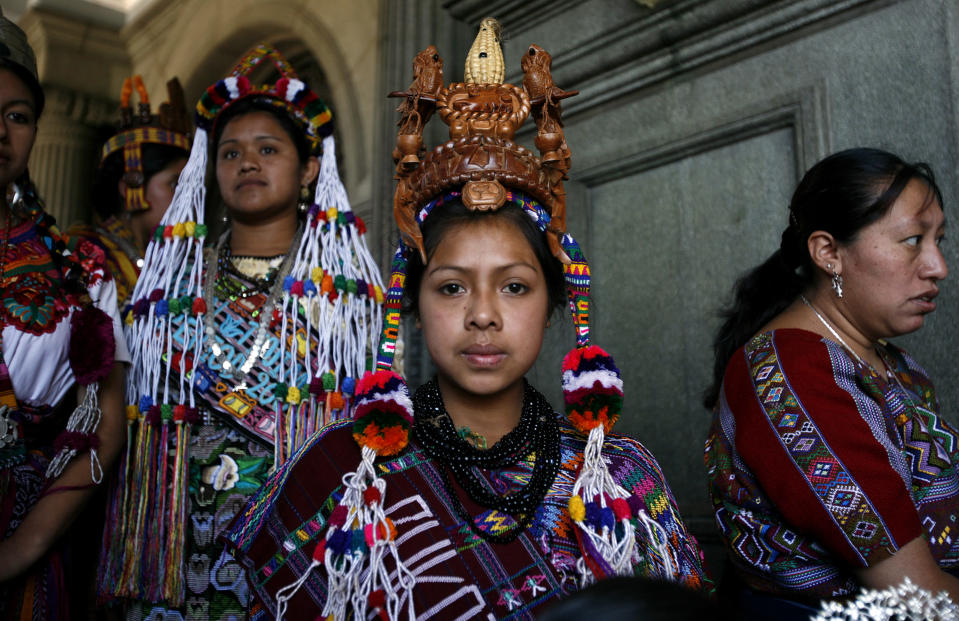 Mayan women gather before an event celebrating International Women's Day in Guatemala City