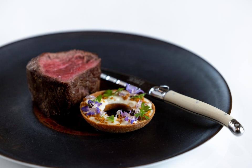 Beef Tenderloin with Blue Cheese Espuma, Almond Tuille and Buttermilk Crumb at Chez Philippe in The Peabody Memphis hotel.