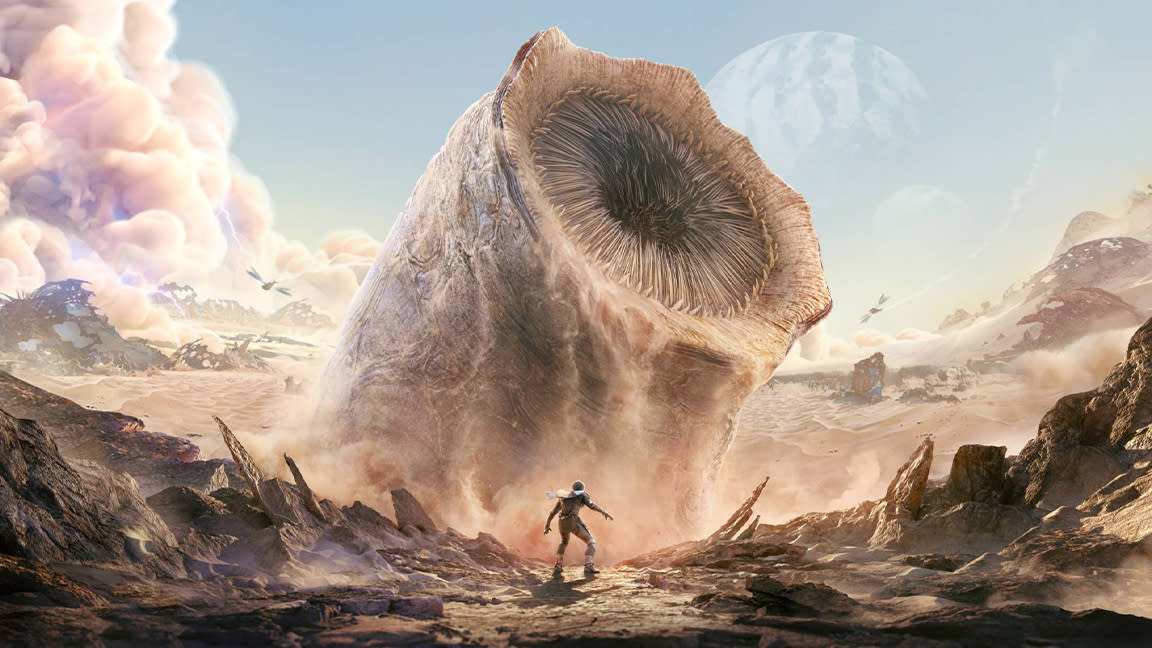  Dune Awakening concept art; a large sandworm emerges from the desert. 