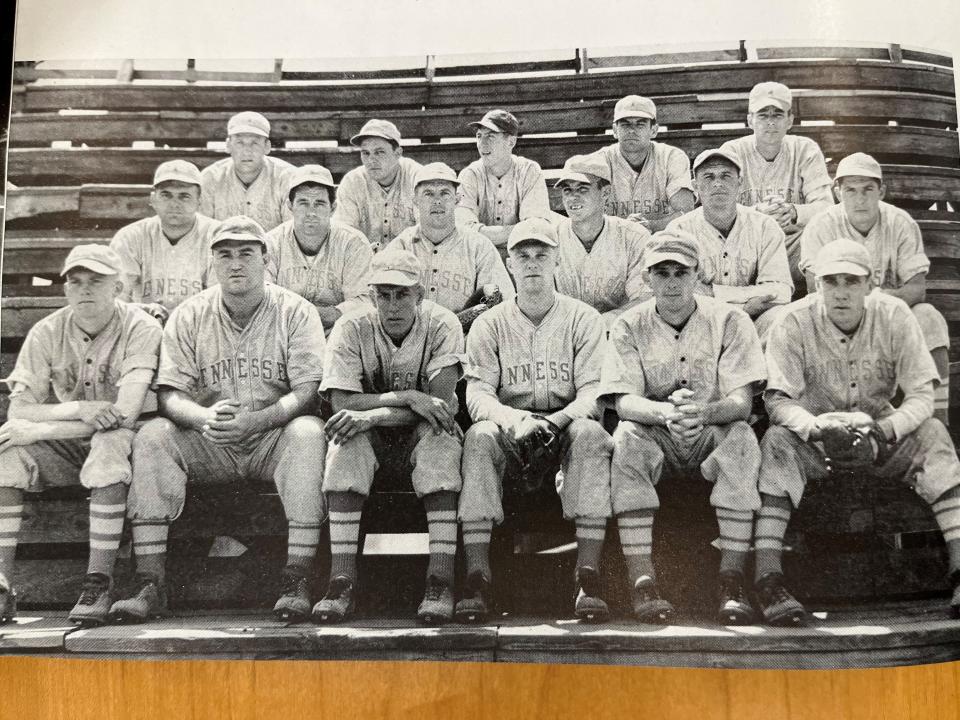 This late 1940s University of Tennessee baseball team photo shows Jim Worthington at left on the front row.