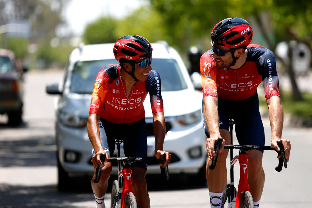  SAN JUAN ARGENTINA  JANUARY 20 LR Egan Arley Bernal Gomez of Colombia and Filippo Ganna of Italy and Team INEOS Grenadiers during the 39th Vuelta a San Juan International 2023  Training Session on January 20 2023 in San Juan Argentina Photo by Maximiliano BlancoGetty Images 