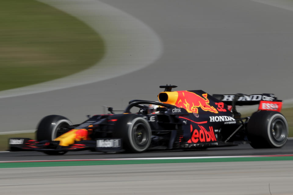 Red Bull driver Max Verstappen of the Netherlands steers his car during the Portugal Formula One Grand Prix at the Algarve International Circuit near Portimao, Portugal, Sunday, May 2, 2021. (AP Photo/Manu Fernandez)