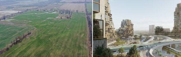 The proposed site of the Orbit now, beside an artist's rendering of the project.