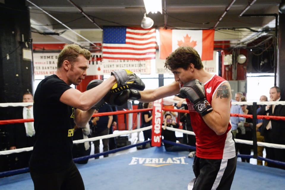 Prime Minister Justin Trudeau spars with professional boxer Yuri Foreman at the Gleason’s Boxing Gym in Brooklyn, New York on Thursday, April 21, 2016. THE CANADIAN PRESS/Sean Kilpatrick