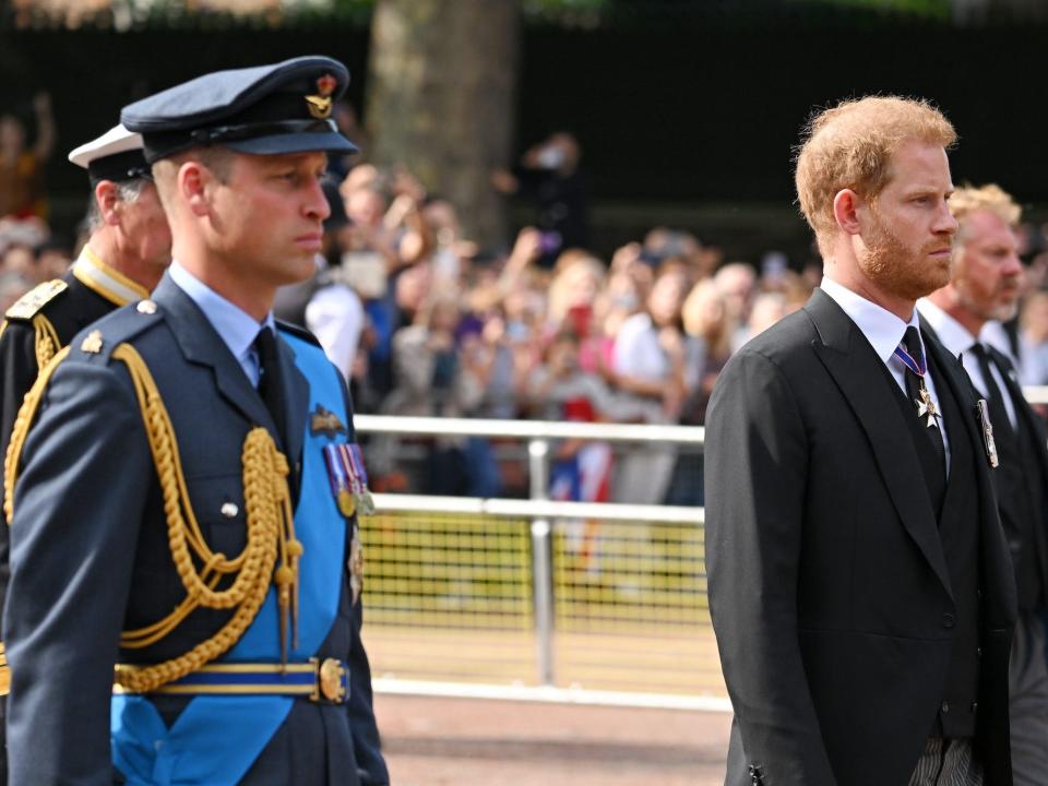 Prince William and Prince Harry process behind Queen Elizabeth's coffin.