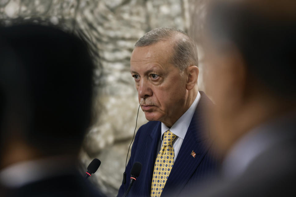 Turkish President Recep Tayyip Erdogan attends a press conference, in Baghdad, Iraq, Monday, April 22, 2024. Erdogan arrived in Iraq on Monday for his first official visit in more than a decade. (Thaier Al-Sudani/Pool Photo via AP)