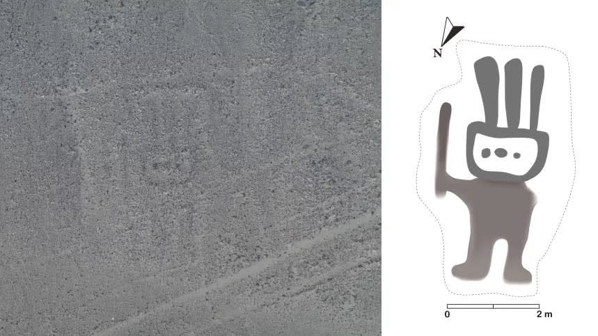 The newly discovered Nazca Line is humanoid shaped. It has a rectangular head and appears to be wearing a headdress and carrying a stick. The three dots in the rectangular head probably depict a nose and eyes.