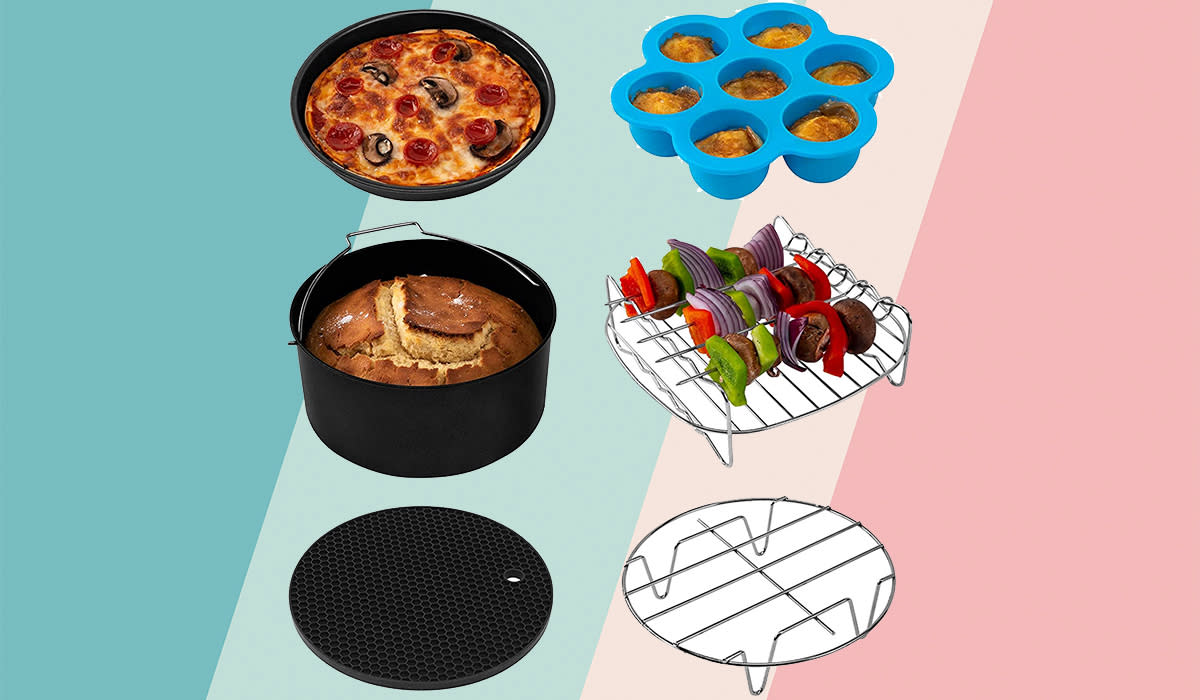 Six different air fryer accessories, including a pizza pan, egg bites mold, cake pan, skewer rack, metal lifting rack, and a silicone tray. 
