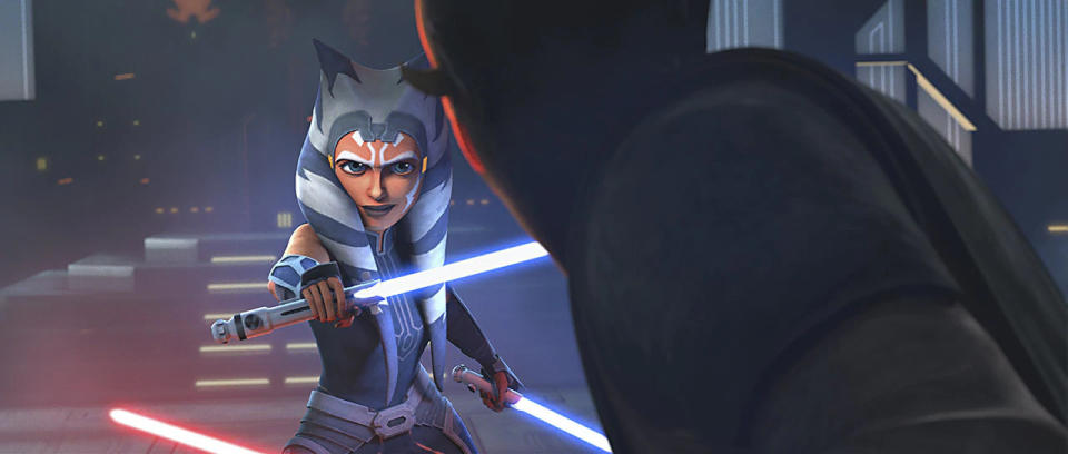 Ahsoka wielding her lightsabers against Darth Maul on Star Wars Rebels