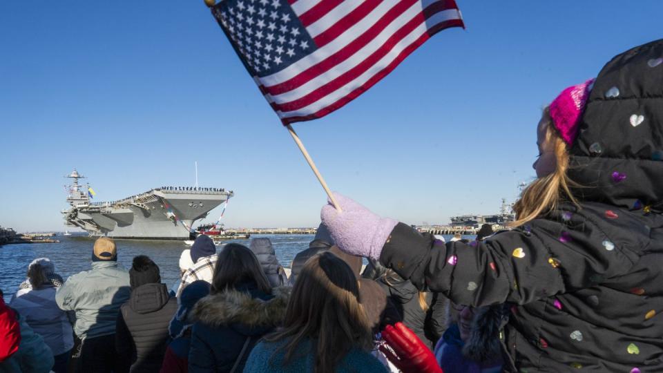 The aircraft carrier Gerald R. Ford returns from its maiden deployment in January 2024. (Mass Communication Specialist 1st Class Ryan Seelbach/Navy)