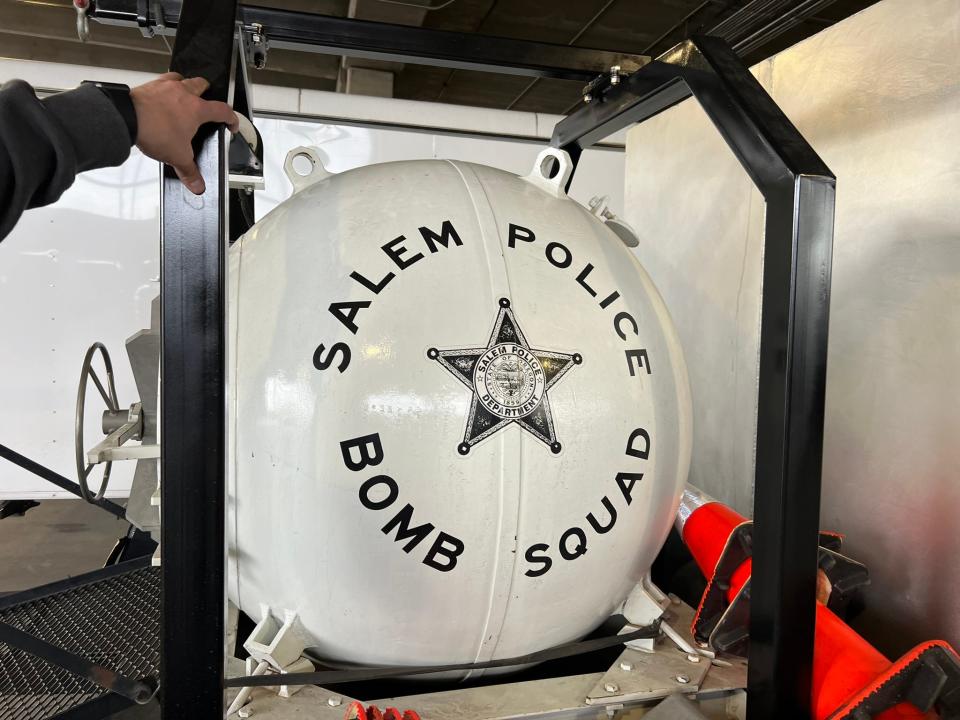 The Salem bomb squad uses an arsenal of tools, including this total containment vessel, designed to safely secure and transport explosives.