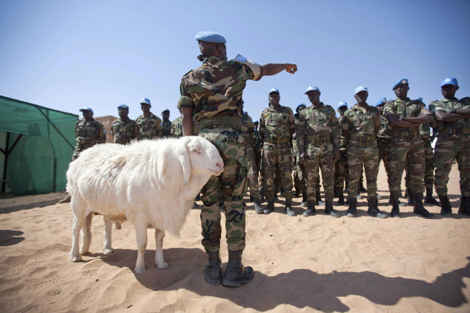 Senegalese troops stand in formation as they wait for the arrival of UNAMID Force Commander Lieutenant General Nyamvumba of Rwanda at the Umm Baru team site