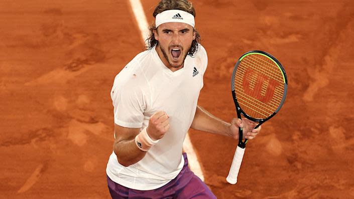 Pictured here, Stefanos Tsitsipas celebrates after beating Daniil Medvedev at the French Open.