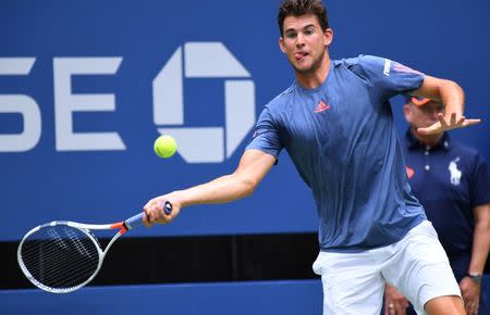 Sep 5, 2016; New York, NY, USA; Dominic Thiem of Austria hits a shot to Juan Martin Del Potro of Argentina on day eight of the 2016 U.S. Open tennis tournament at USTA Billie Jean King National Tennis Center. Mandatory Credit: Robert Deutsch-USA TODAY Sports