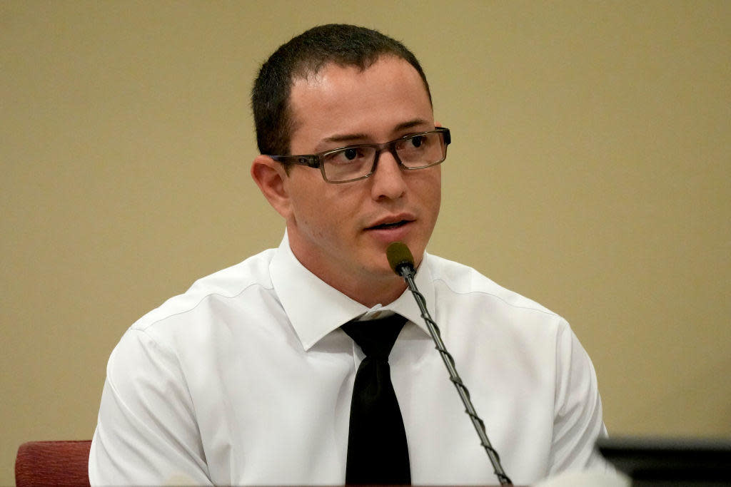 Law enforcement officer Nicholas LeFleur testifies in the involuntary manslaughter trial of Alec Baldwin in Santa Fe County District Court, July 10, 2024, in Santa Fe, new Mexico.  / Credit: ROSS D. FRANKLIN/POOL/AFP via Getty Images