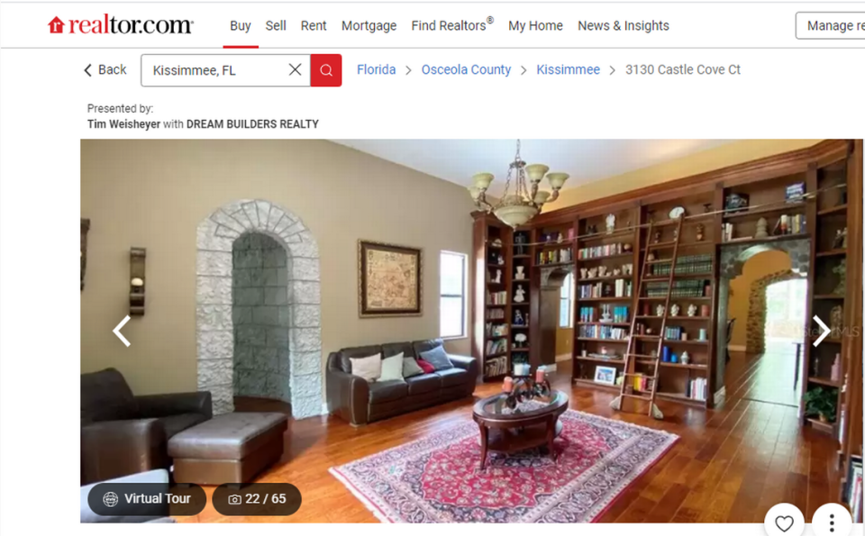 The castle has a library with floor-to-ceiling bookshelves.