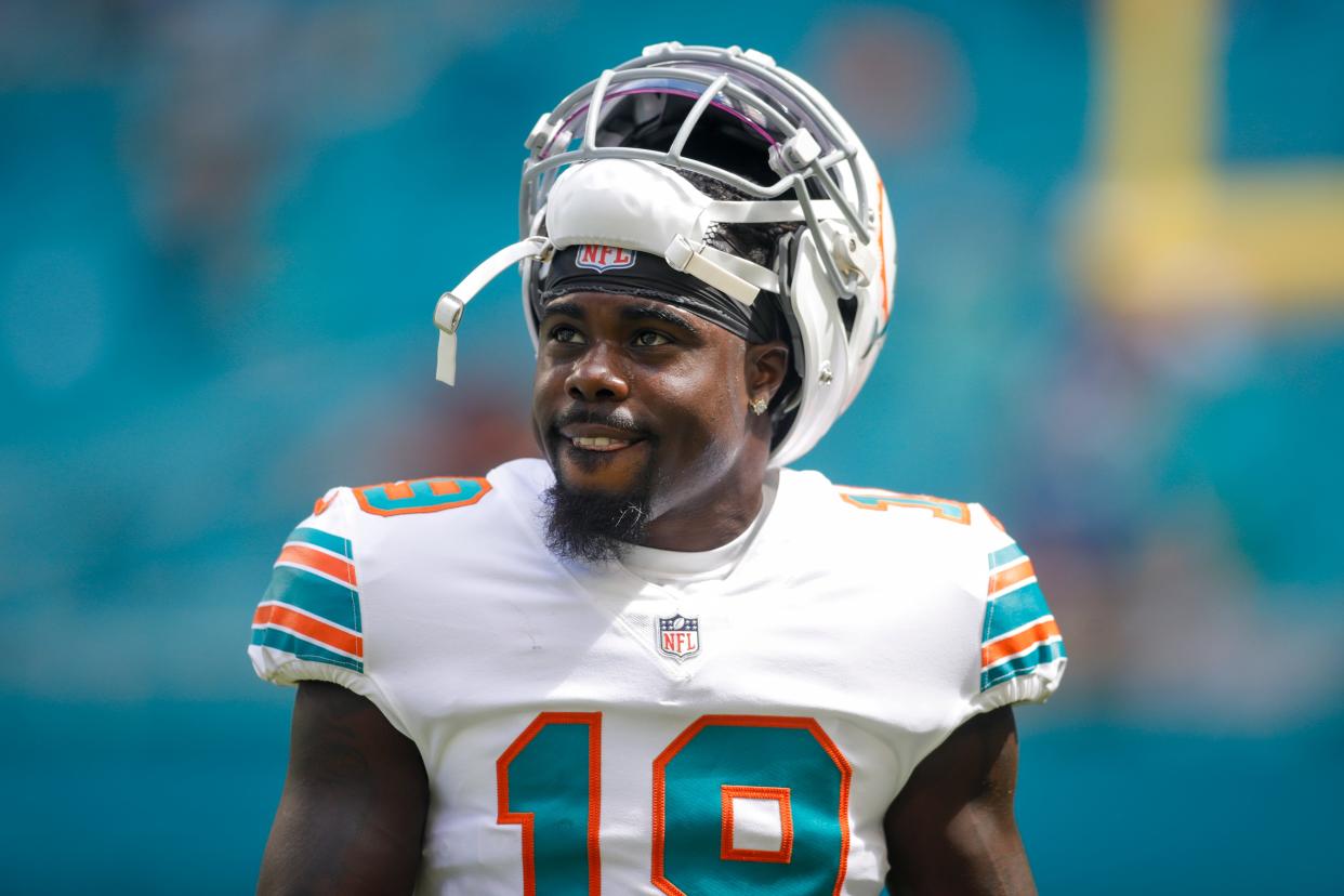 Miami Dolphins wide receiver Jakeem Grant (19) looks on from the field prior the game against the Indianapolis Colts at Hard Rock Stadium in Miami Gardens, Fla., on Oct. 3, 2021.