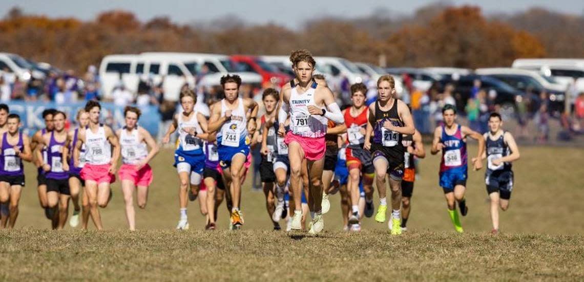 Trinity Academy junior Clay Shively, who won the individual Class 3A title, leads the pack during the state race at Rim Rock this past Saturday. Josh Hobson/Courtesy