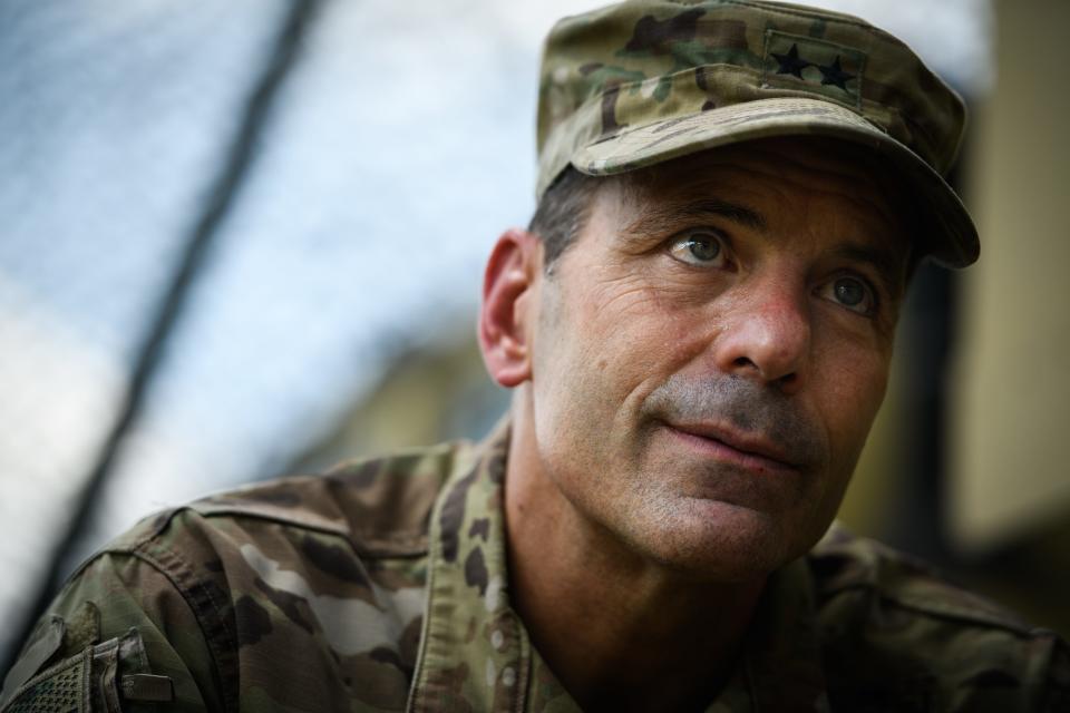 Maj. Gen. Christopher Donahue, 82nd Airborne Division commanding general, talks to a reporter during an exercise on Fort Bragg in 2020. Donahue is headed to Afghanistan as U.S. military leaders talk with the Taliban.