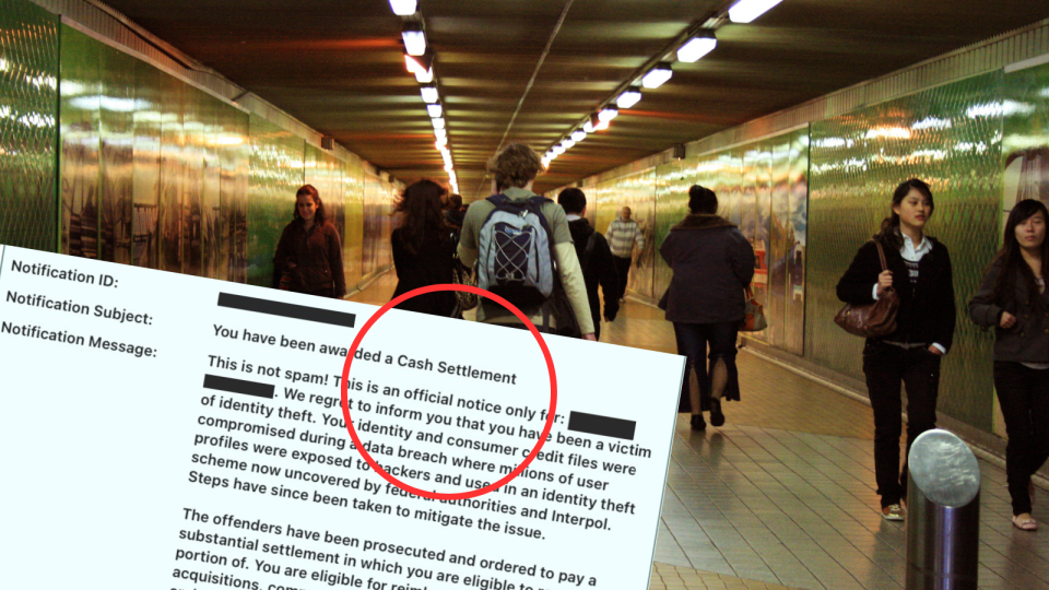 A composite image of people walking through a tunnel and a copy of the scam email claiming the recipient has been the victim of identity theft.