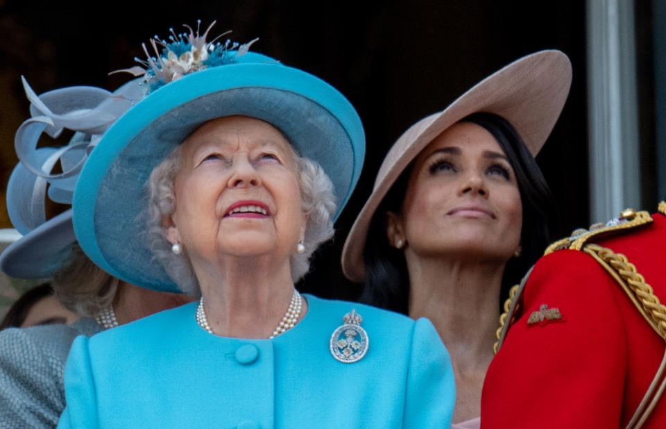 LONDON, ENGLAND - JUNE 09:  Queen Elizabeth II and Meghan, Duchess of Sussex during Trooping The Colour 2018 on June 9, 2018 in London, England. (Photo by Mark Cuthbert/UK Press via Getty Images)