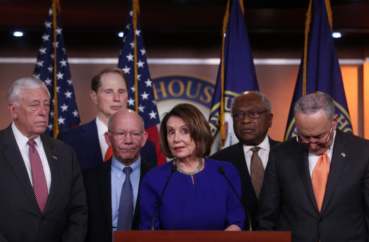 House Speaker Nancy Pelosi, Senate Minority Leader Chuck Schumer and other Democratic lawmakers speak to Capitol Hill reporters on May 22. (Photo: Jonathan Ernst/Reuters)