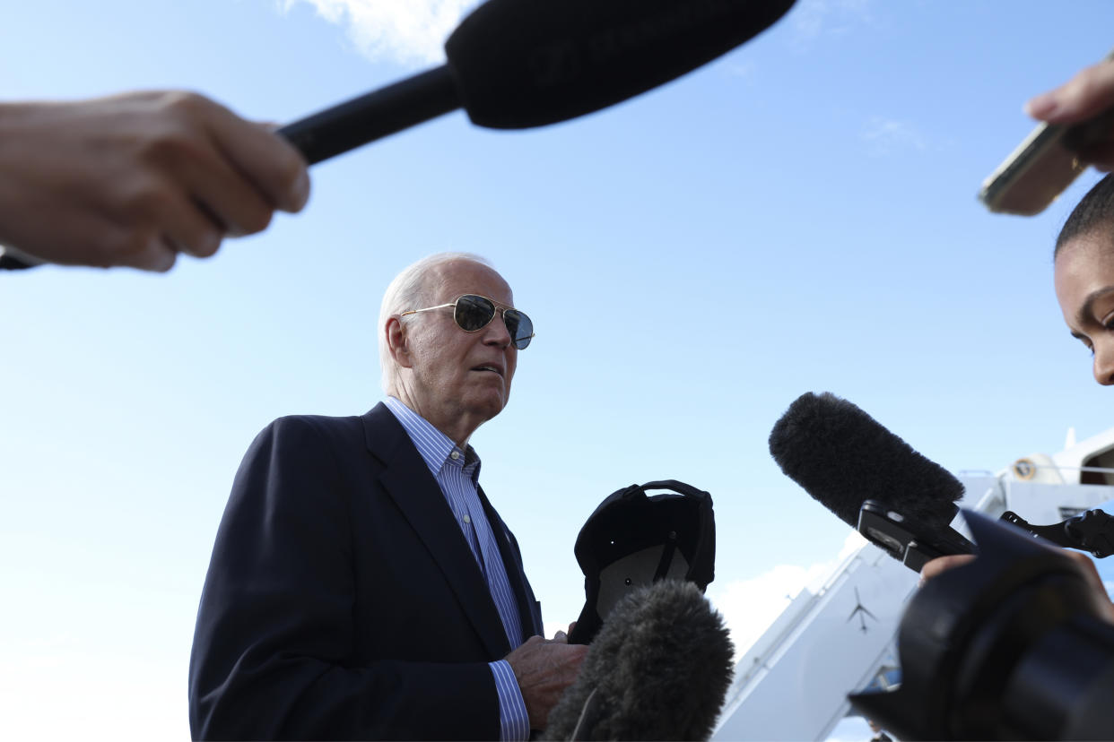 President Joe Biden speaks to reporters before boarding Air Force One in Madison, Wis., July 5, 2024. (Tom Brenner/The New York Times)