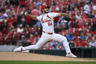 St. Louis Cardinals relief pitcher Ryan Fernandez throws against the Chicago White Sox during the 10th inning of a baseball game Saturday, May 4, 2024, in St. Louis. (AP Photo/Jeff Le)