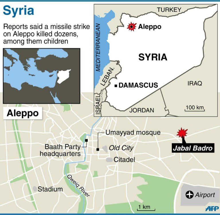 Map of Syria and Aleppo, where dozens were killed in a missile strike