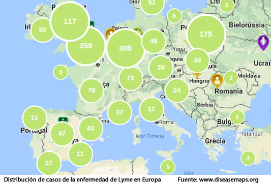 Se han encontrado <em>Ixodes </em>en Galicia, Asturias, Cantabria, País Vasco y Castilla y León, en la zona este (Cataluña), en la zona centro (Madrid) y en el sur (Andalucía). Zonas del norte de España como La Rioja, Navarra o la sierra del Sueve en Asturias son zonas endémicas de EL. Fuentes: http://www.caryinstitute.org, Open Mind