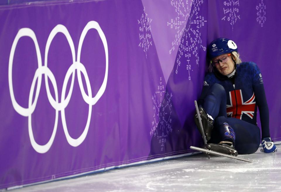 Short Track Speed Skating Events – Pyeongchang 2018 Winter Olympics – Women’s 1000m Competition – Gangneung Ice Arena – Gangneung, South Korea – February 20, 2018 – Elise Christie of Britain reacts. REUTERS/Damir Sagolj