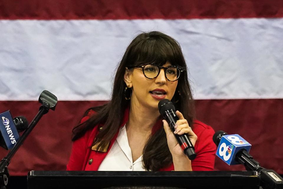 Amanda Ballard speaks at the Sarasota and Manatee Republican Parties candidates rally at Robarts Arena in Sarasota on Saturday.