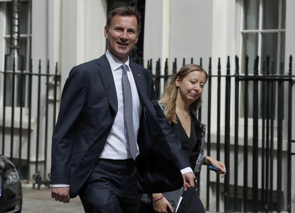 Britain's Foreign Secretary Jeremy Hunt arrives for a cobra meeting at 10 Downing Street in London, Monday, July 22, 2019. (AP Photo/Frank Augstein)