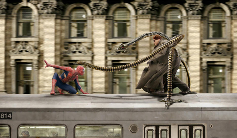 Tobey Maguire as Spider-Man and Alfred Molina as Doc Ock in a still from Spider-Man 2 (Sony Pictures)