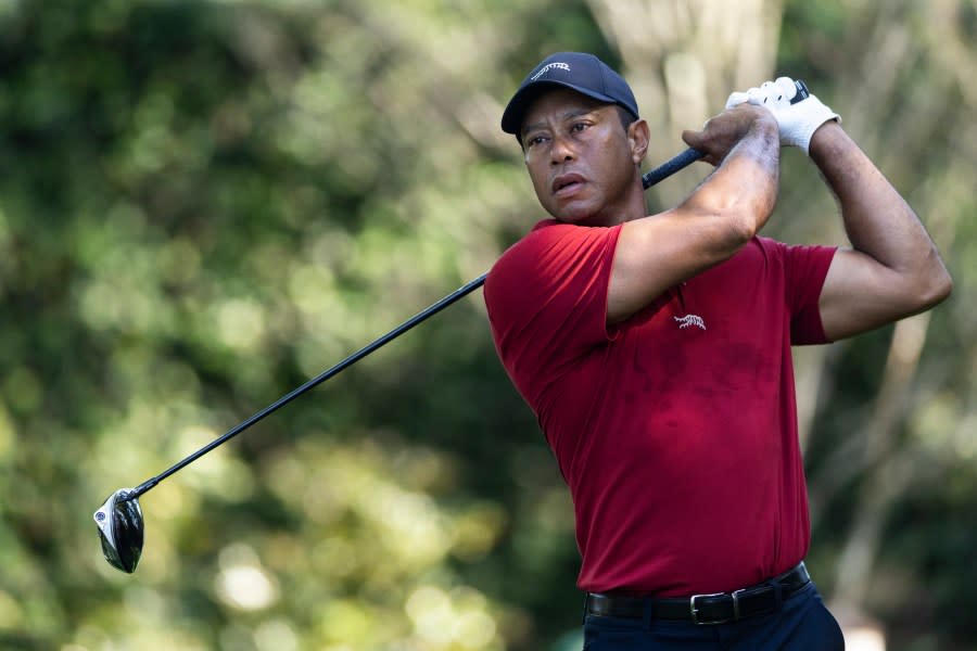 Masters champion Tiger Woods of the United States plays a stroke from the No. 2 tee during the final round of the 2024 Masters Tournament at Augusta National Golf Club, Sunday, April 14, 2024. (Photo courtesy: Augusta National Golf Club)