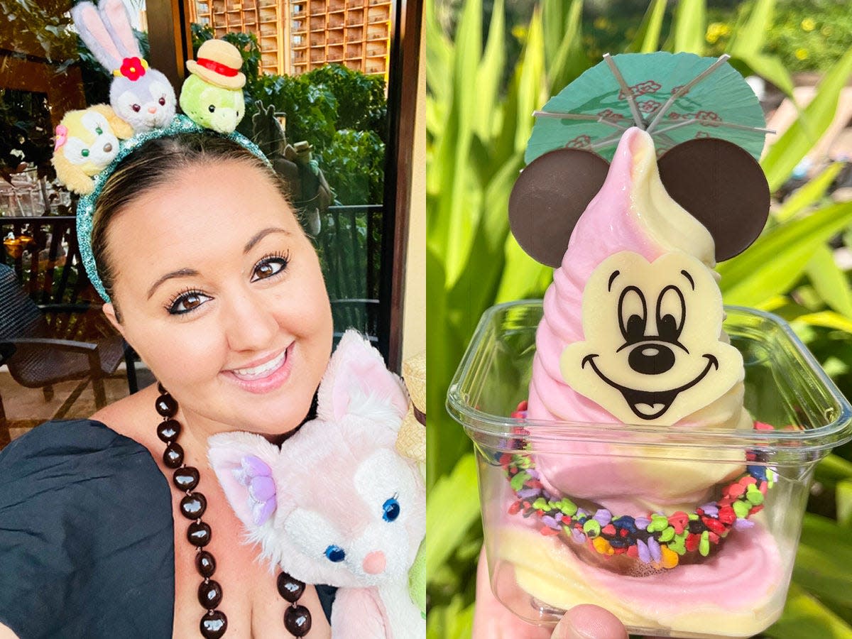 Carly Caramanna in mickey ears (left), dole whip ice cream (right)