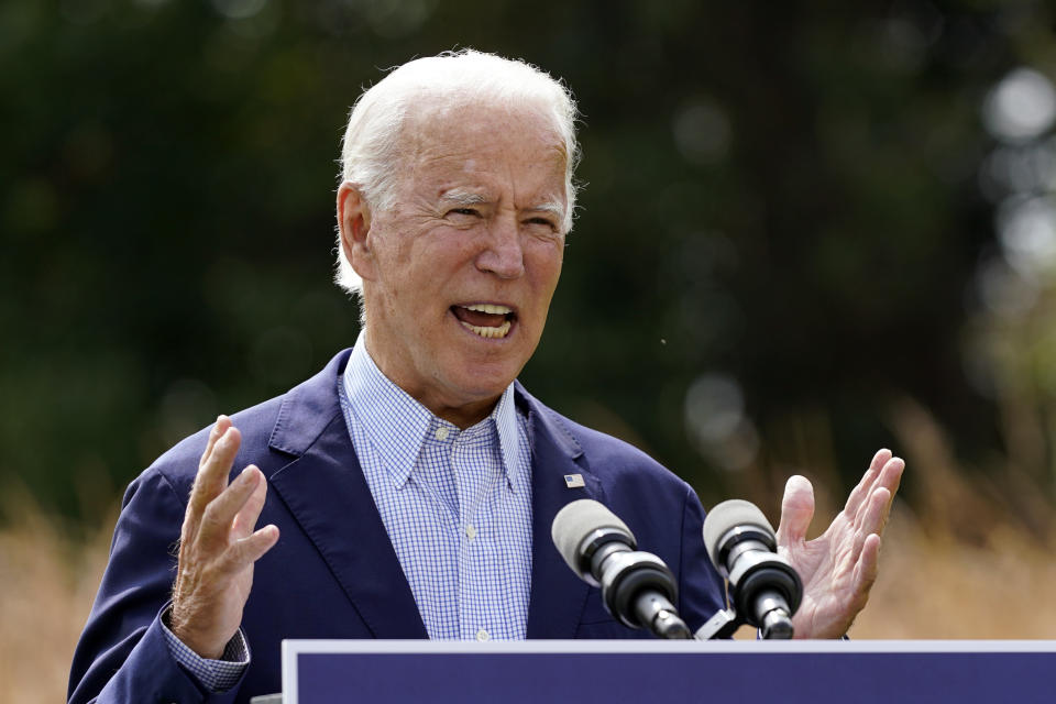 Democratic presidential candidate and former Vice President Joe Biden speaks about climate change and wildfires affecting western states, Monday, Sept. 14, 2020, in Wilmington, Del. (AP Photo/Patrick Semansky)