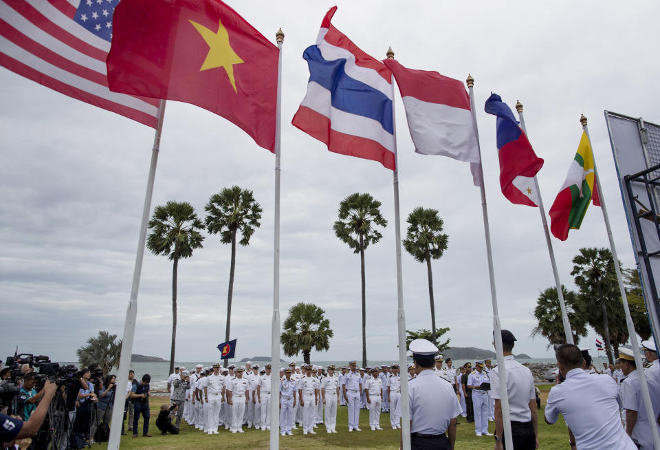 Officers of the U.S. Navy and maritime forces of Association of Southeast Asian Nations (ASEAN) participate in the inauguration ceremony of ASEAN-U.S. Maritime Exercise in Sattahip, Thailand, Monday, Sep. 2, 2019. (AP Photo/Gemunu Amarasinghe)