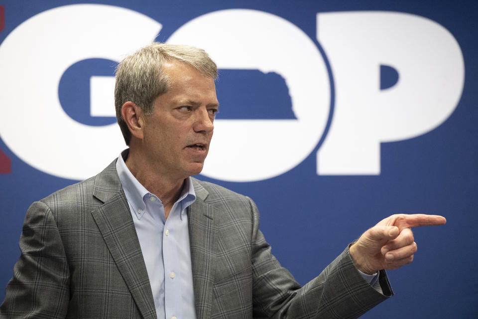 Jim Pillen, Republican candidate for governor, speaks during the Nebraska Republican Party general election kickoff at the Republican state headquarters Wednesday, May 11, 2022, in Lincoln, Neb. (Gwyneth Roberts/Lincoln Journal Star via AP)