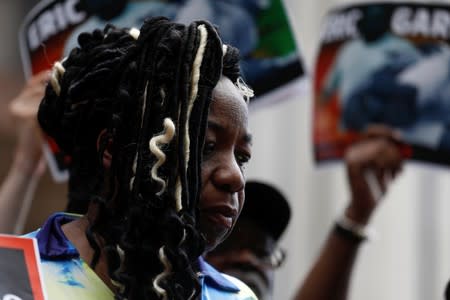 Gwen Carr, mother of Eric Garner, looks down during the disciplinary trial of police officer Daniel Pantaleo in relation to the death of Eric Garner at 1 Police Plaza in New York City