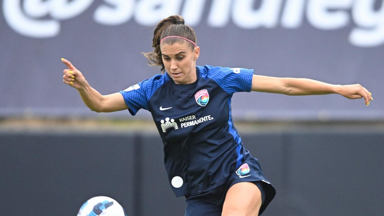 San Diego Wave FC star Alex Morgan controls the ball during a match against Angel City FC on April 2.
