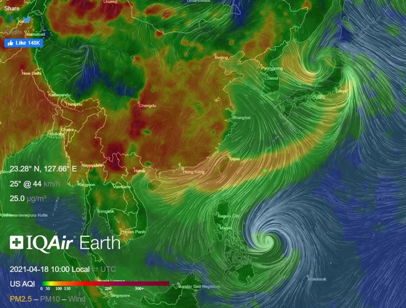 從空氣品質即時圖來看，全台灣都在影響範圍內（圖／翻攝自IQAir Earth）