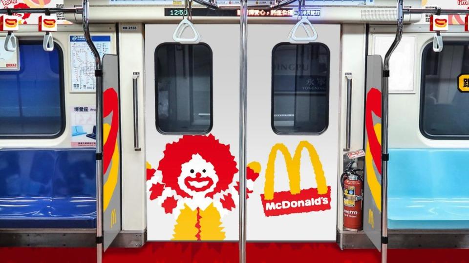 台北捷運板南線部分車廂內將會有「麥當勞叔叔與好朋友們 抖陣一起」的專屬設計。（圖／台灣麥當勞）