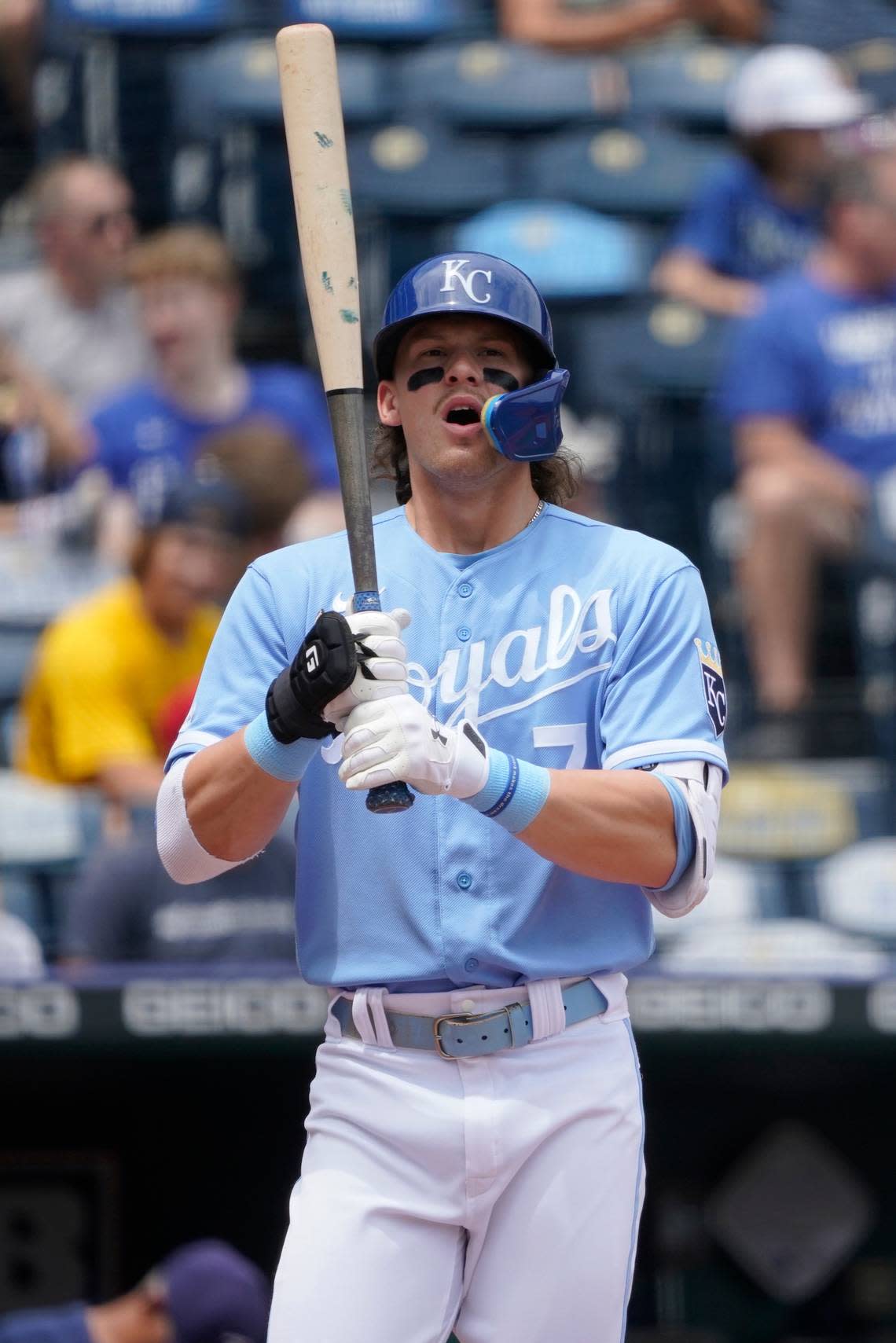 Kansas City Royals’ Bobby Witt Jr. bats against the Tampa Bay Rays during a baseball game Sunday, July 24, 2022, in Kansas City, Mo. (AP Photo/Ed Zurga)