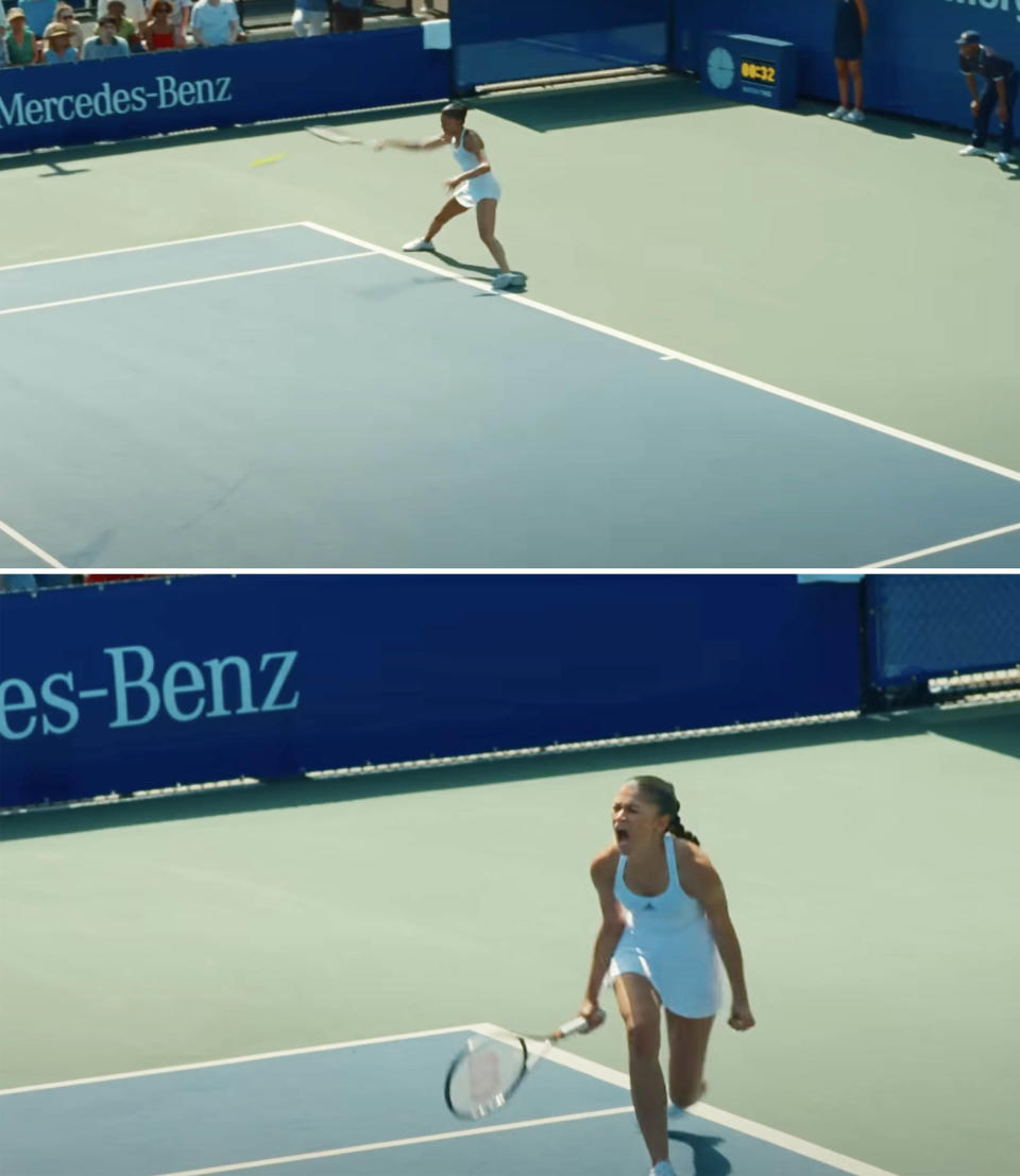 Scenes of Zendaya as Tashi playing tennis in Challengers
