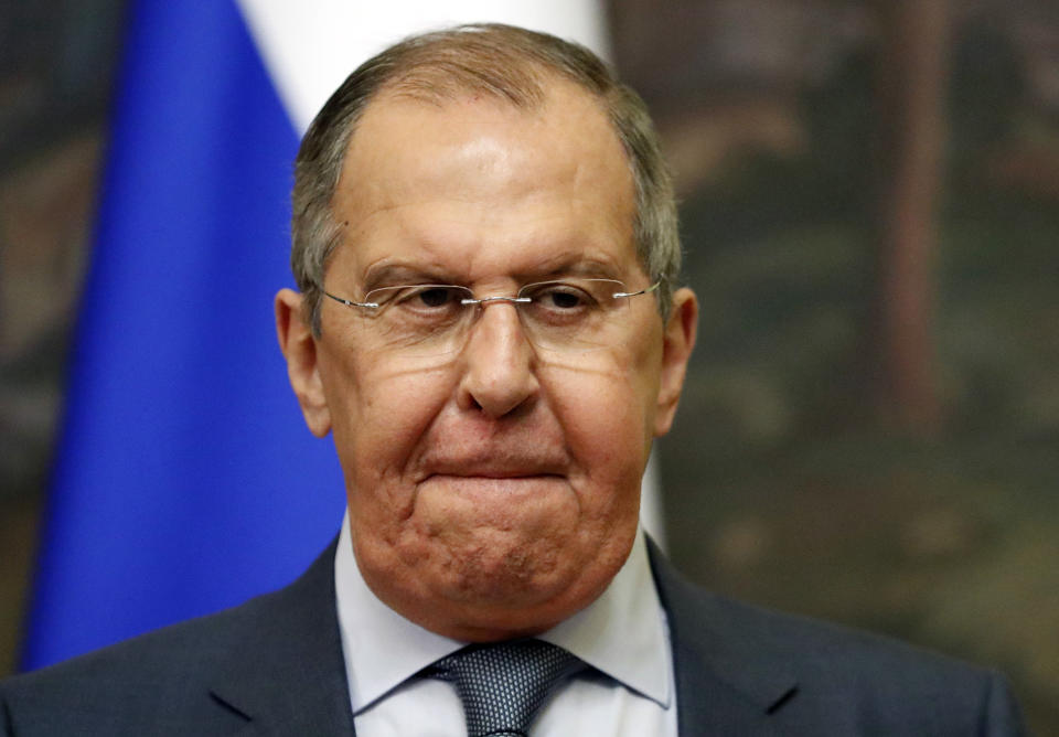 Russian Foreign Minister Sergey Lavrov reacts during a joint news conference with Indian Minister of External Affairs Subrahmanyam Jaishankar following their talks in Moscow, Russia, Friday, July 9, 2021. (Shamil Zhumatov/Pool photo via AP)