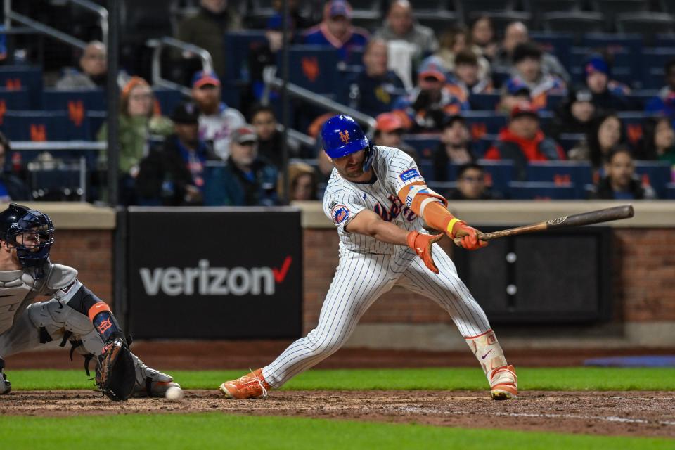 New York Mets first baseman Pete Alonso (20) strikes out during the eighth inning against the Detroit Tigers on April 1, 2024, at Citi Field.