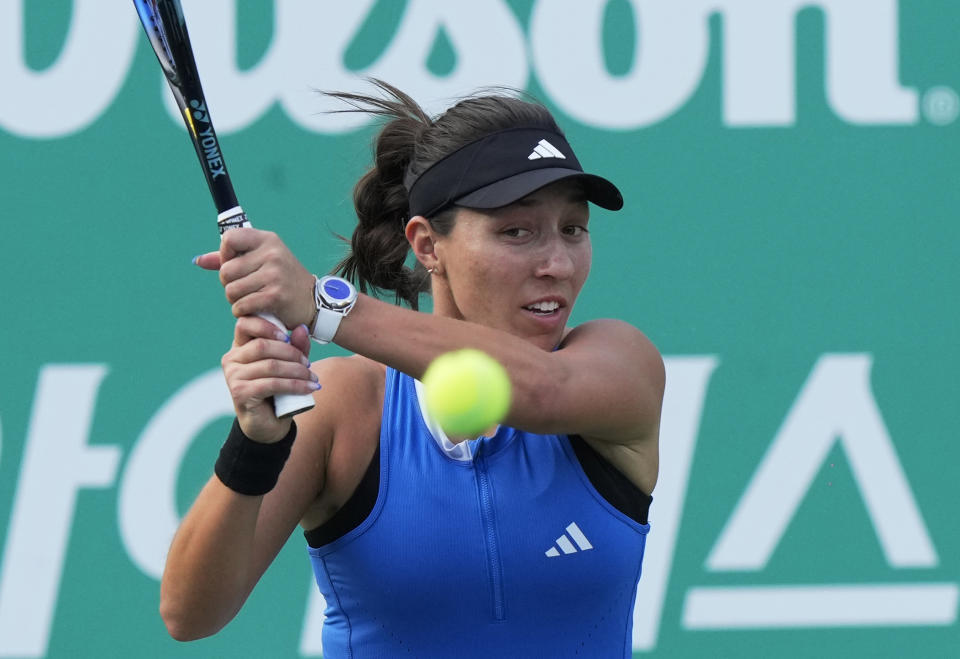 Jessica Pegula of the United States returns a shot to Yue Yuan of China during their final match of the Korea Open tennis championships in Seoul, South Korea, Sunday, Oct. 15, 2023. (AP Photo/Ahn Young-joon)