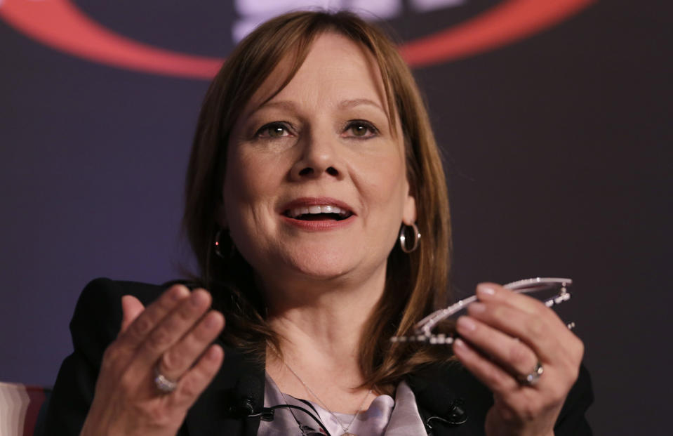 Mary Barra, CEO of General Motors, speaks at the 2014 Automotive Forum, Tuesday, April 15, 2014 in New York. The forum is sponsored by the National Automobile Dealers Association (NADA) and J.D. Power.(AP Photo/Mark Lennihan)