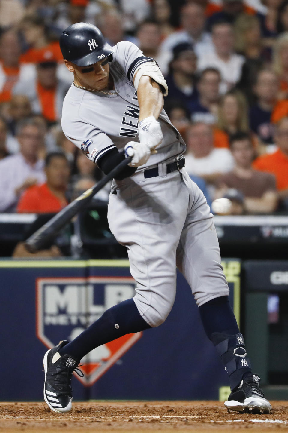 New York Yankees' Aaron Judge hits a two-run home run against the Houston Astros during the fourth inning in Game 2 of baseball's American League Championship Series Sunday, Oct. 13, 2019, in Houston. (AP Photo/Matt Slocum)